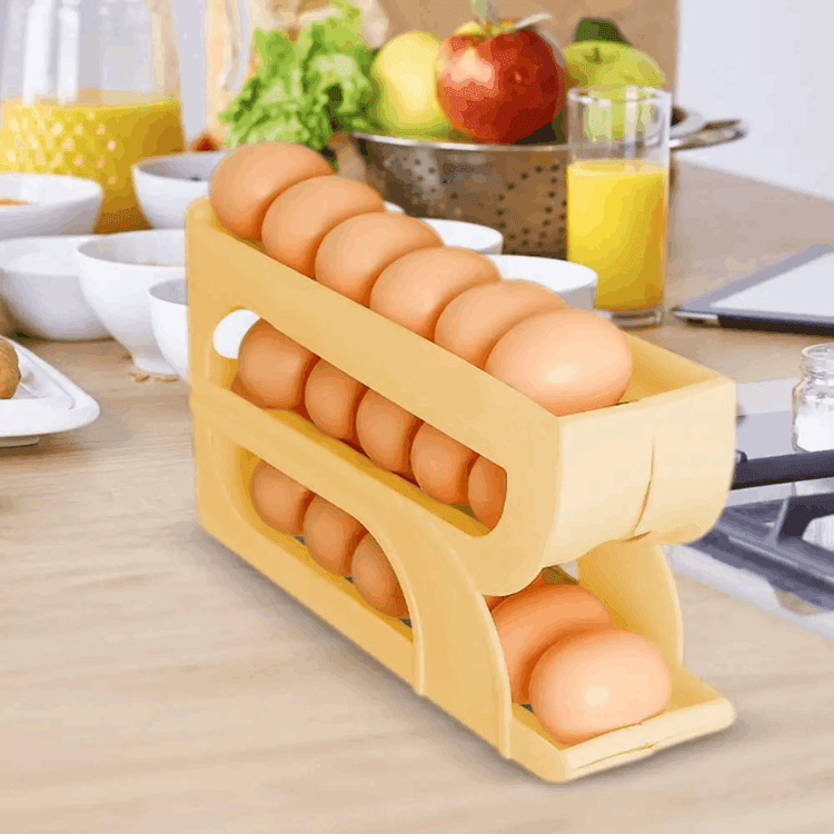 2-Tier Rolling Egg Dispenser | Automatic Egg Storage Rack for Fridge – Trendy & Space-Saving