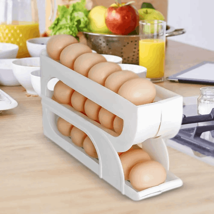 2-Tier Rolling Egg Dispenser | Automatic Egg Storage Rack for Fridge – Trendy & Space-Saving