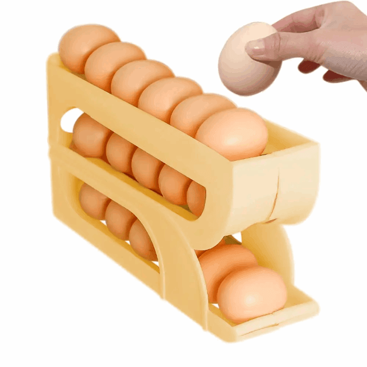 2-Tier Rolling Egg Dispenser | Automatic Egg Storage Rack for Fridge – Trendy & Space-Saving