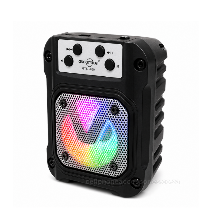 GREATNICE GTS-2039 Wireless Speaker with Solar Charging, 3 Inch Portable Rechargeable Speaker, USB & TF Card Playback, FM Radio, Colourful LED Light, Audio Speaker - Black