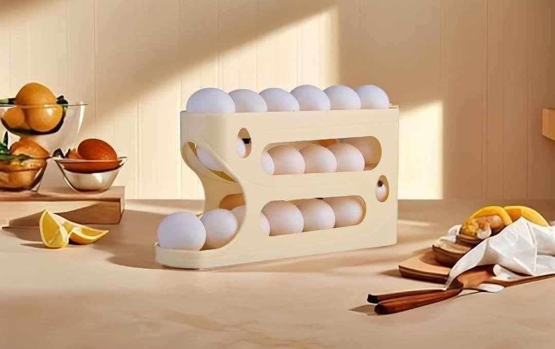 2-Tier Rolling Egg Dispenser | Automatic Egg Storage Rack for Fridge – Trendy & Space-Saving
