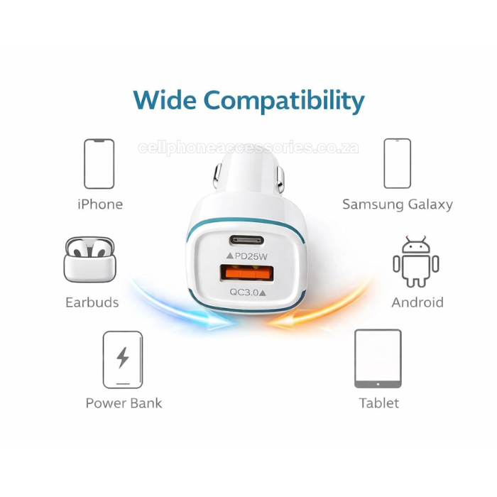 45W Dual Port Fast Car Charger USB-C PD 25W & QC3.0 Compatible with iPhone, Samsung, iPad & Android White