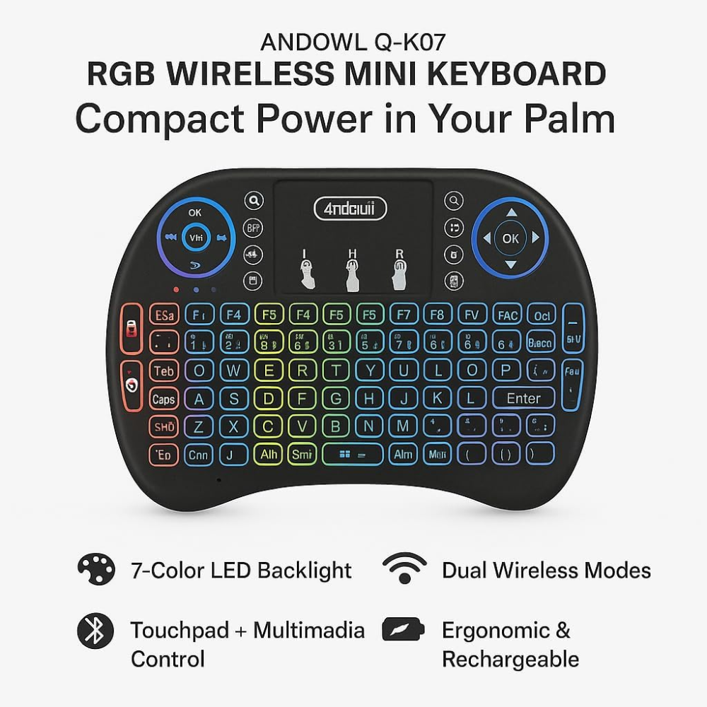 Andowl Q-K07 RGB Wireless Mini Keyboard with Touchpad, 2.4G & Bluetooth, Black