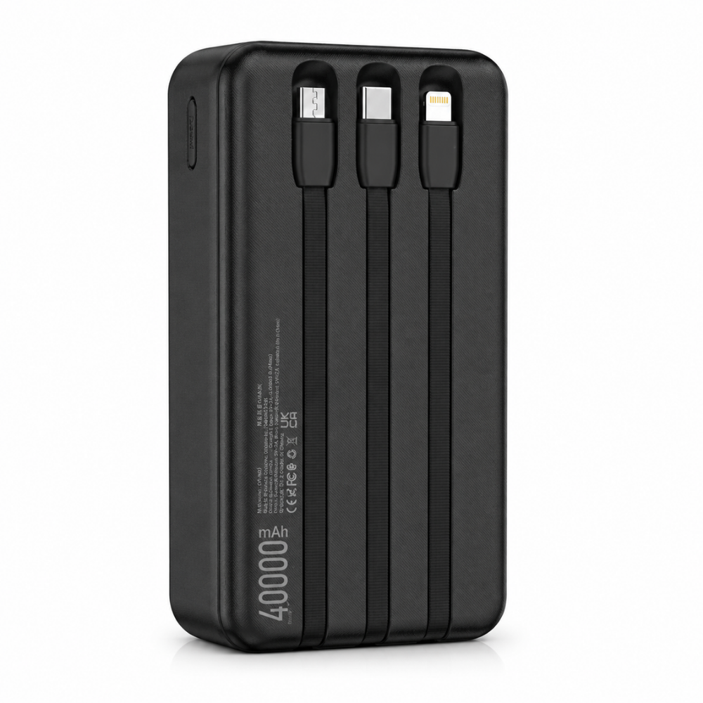 GERLAX GP-423 40000mAh 4 USB Power Bank with Built-in 3-in-1 Charging Cables & Digital Display – Black
