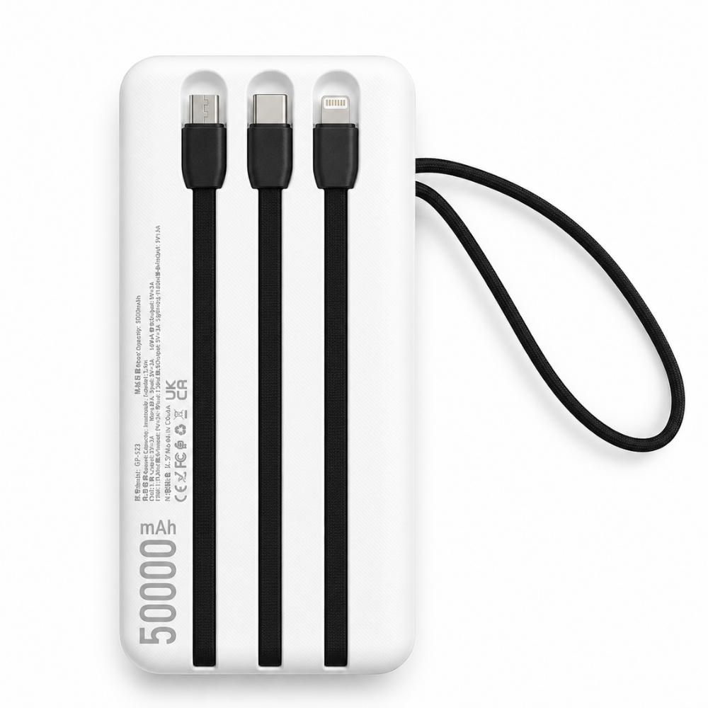 GERLAX GP-523 50000mAh 4 USB Power Bank with Built-in 3-in-1 Charging Cables & Digital Display – White