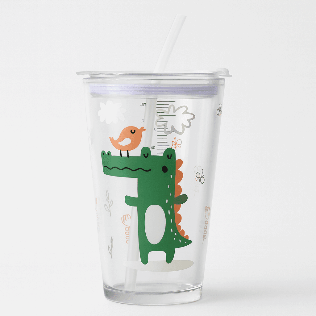 Sip Smart, Sip Fun Eco-Friendly Glass Tumbler - Crocodile and Bird Design, 450ml